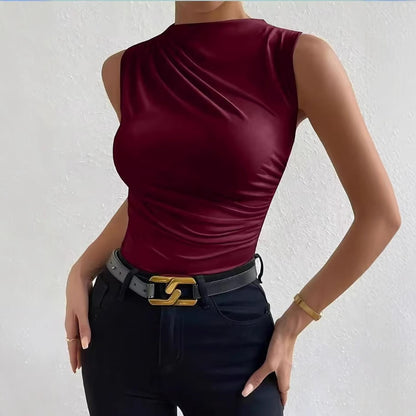 The Elina Top – Pleated Sleeveless High-Neck Tee