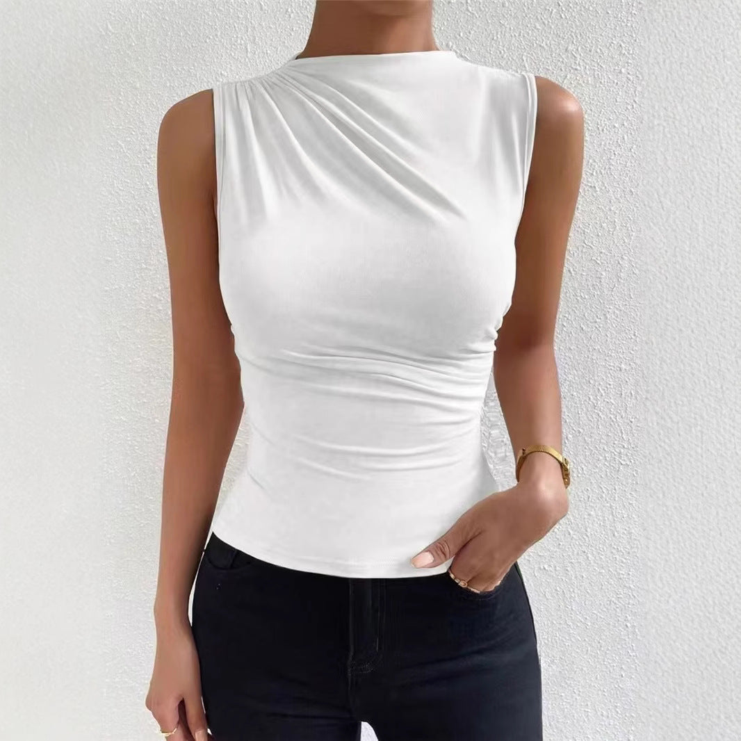 The Elina Top – Pleated Sleeveless High-Neck Tee