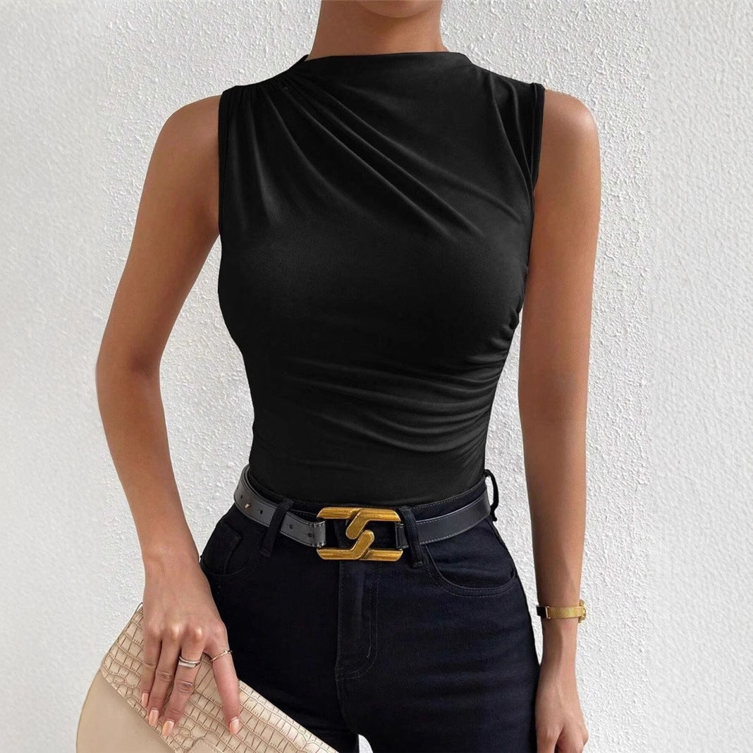 The Elina Top – Pleated Sleeveless High-Neck Tee