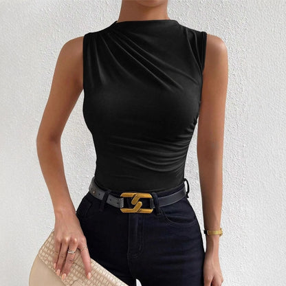 The Elina Top – Pleated Sleeveless High-Neck Tee