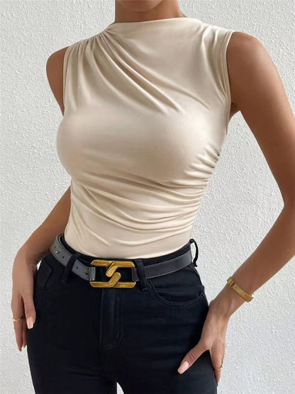 The Elina Top – Pleated Sleeveless High-Neck Tee