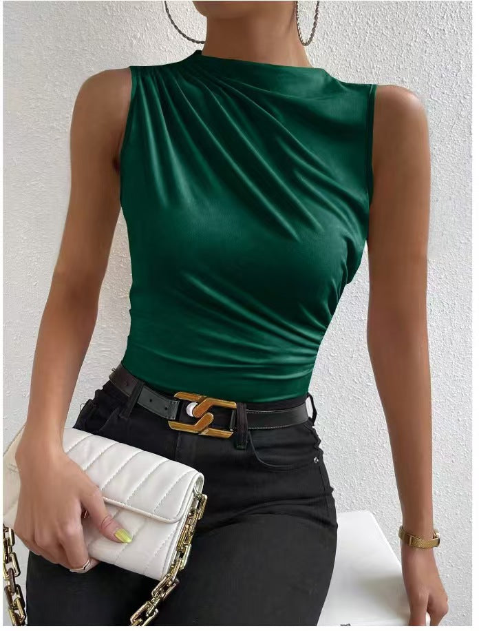 The Elina Top – Pleated Sleeveless High-Neck Tee