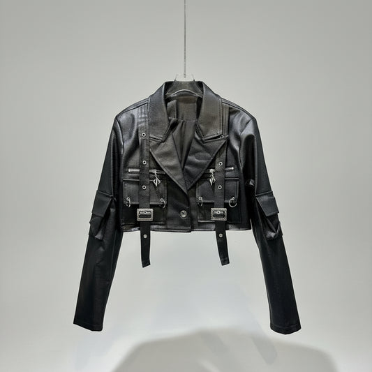 Outono multi-bolsos estilo techwear couro recortado jaqueta saia 2 peça conjunto mulher vintage punk motocicleta jaqueta saia goth